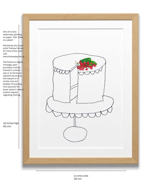 watercolor painting on paper. Title "Cake on a plate".